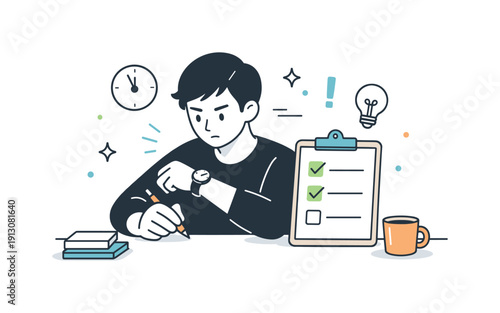 Limited time management. A focused person looks at a watch while prioritizing tasks on a simple checklist. Quiet pressure and intentional