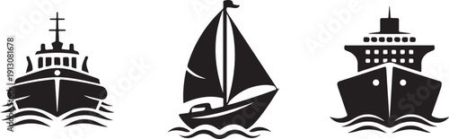 Vessel ship and sailboat icons set including tanker yacht and cruise liner for maritime navigation