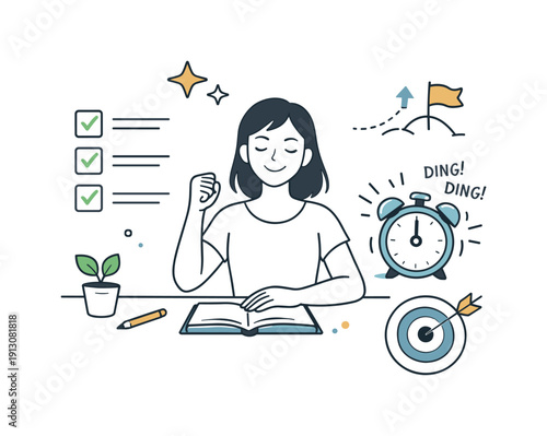 Achieving goals with time tracking. A calm moment as a timer rings and a task is completed, conveying satisfaction and progress. Positive