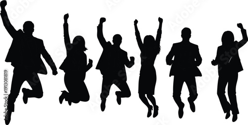 Business people jumping silhouettes celebrating success achievement teamwork motivation corporate vector illustration isolated on white background - flat vector illustration