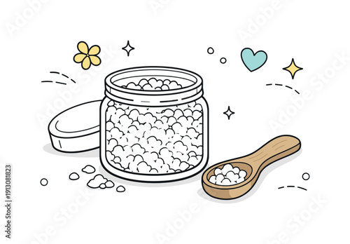 Serene Spa Essentials. Natural bath salts. Open glass jar with coarse bath salts and wooden spoon placed beside it, expressing calm self-care and spa