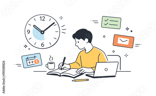 Focus and time scarcity. A person works at a desk while a clock and small task cards float nearby. Calm tension between concentration and