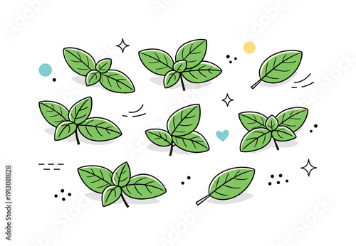 Minimalist Basil Arrangement. Basil leaves flat lay. Minimal basil leaves combined with small abstract shapes, viewed from above in an airy layout. The mood is