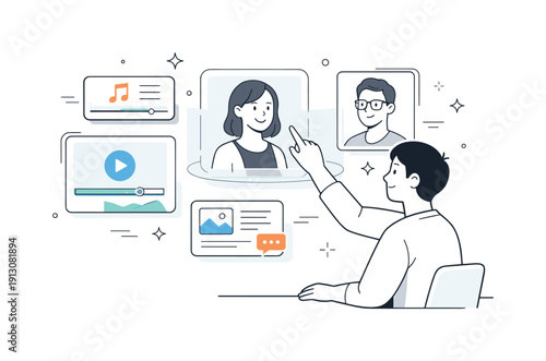 Future of AI-generated content. Person interacting with hologram-like portraits and media cards. Neutral, forward-looking scene about