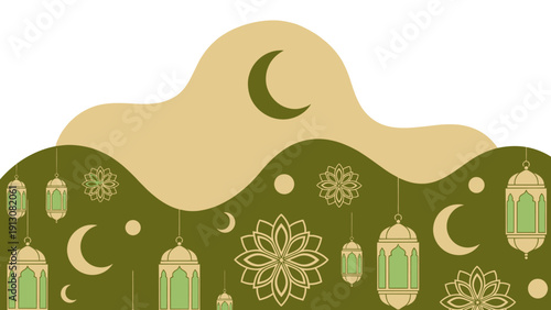 Islamic crescent moon and lantern decorations for Ramadan.