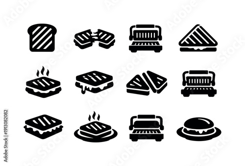 grilled sandwich. Solid icon set of grilled sandwich: grilled bread, grill marks, cheese pull, panini press, toasted sandwich, hot filling,