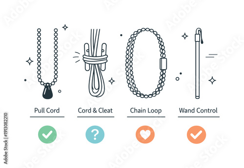 Window blind cord. A flat-lay style illustration of different blind cord types arranged neatly side by side. The scene suggests comparison,