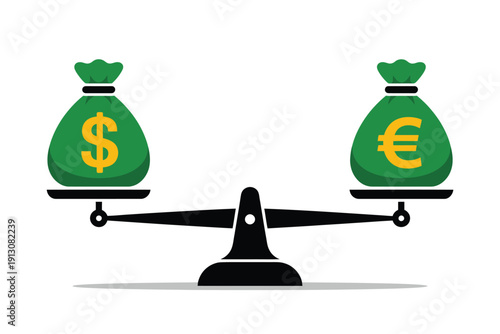 Scale showing dollar and euro icons, representing business finance, investment ideas, and monetary comparison for economic and corporate vector illustrations.