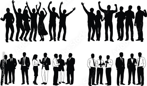 Business people silhouettes collection talking celebrating teamwork corporate meeting vector illustration isolated on white background set - flat vector illustration