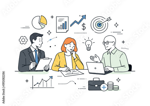 Private equity investment. Financial professionals reviewing company performance and growth potential, calm strategic focus and confidence.