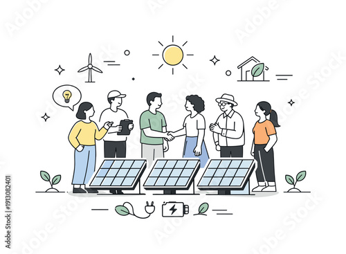 Community Solar Collaboration. Community renewable energy projects. People standing near shared solar panels, calm collaboration and shared responsibility. The