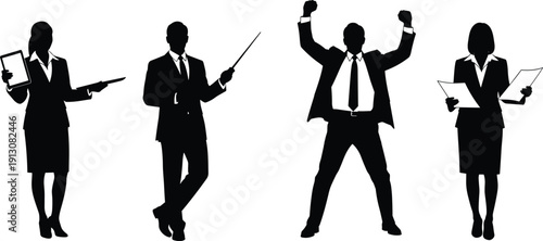 Business people silhouettes presenting reading and celebrating success corporate vector illustration isolated on white background - flat vector illustration