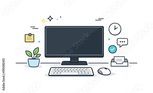Modern office workspace. A minimal desk setup with a monitor, keyboard, mouse and small plant, creating a calm and efficient