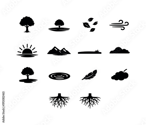 Isolated Tree Icons. Isolated Tree Symbolism. Solid icon set of Isolated Tree Symbolism: lone tree trunk, open space field, falling leaves, blowing wind,