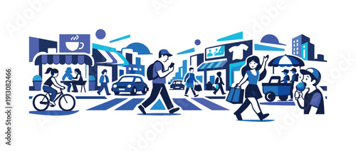   Panoramic daily life. A wide street scene stretching into the distance, shops, cars, and