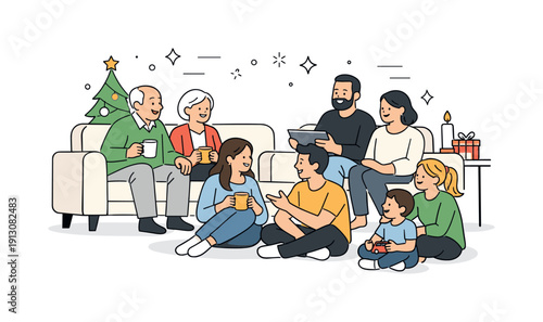 Family Holiday Gathering. Together for the holidays. Family members chatting and relaxing together during a holiday gathering, emphasizing warmth and