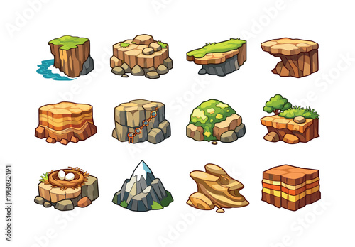 Cliffside Terrain Icons. Cliffside Terrain. Colorful isometric vector icons set of Cliffside Terrain: steep drop, rocky plateau, narrow ledge, cliff overhang,
