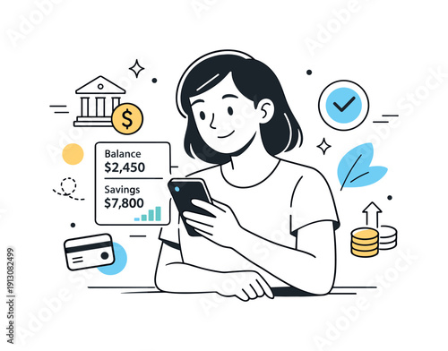 Mobile banking and financial empowerment. Person confidently using a smartphone banking app, checking balance and savings, calm sense of