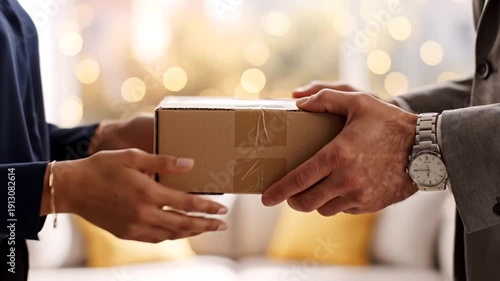 Hands Passing Cardboard Box, Delivery, Business, Partnership Concept.