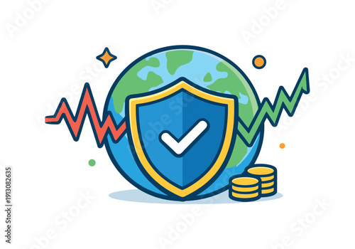 Shielding Global Markets. Global financial stability conveyed through a shield protecting a globe from sharp market fluctuation lines. The scene communicates