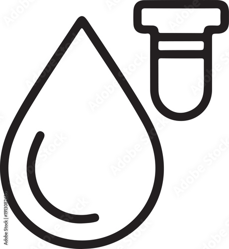 Water Drop with Test Tube Icon Outline, Minimal black outline water drop icon with laboratory test tube, representing water testing, quality analysis, purity control and scientific research concepts.
