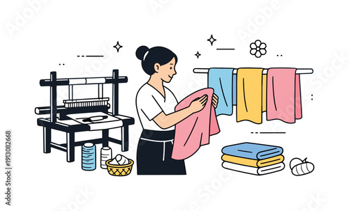 Traditional silk weaving in small workshops. Finished silk fabrics hanging neatly while an artisan inspects texture and quality. Sense of