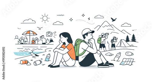 Environmental stress from tourism. A beach or mountain scene shows litter, noise, and crowd density alongside natural beauty. Concern,