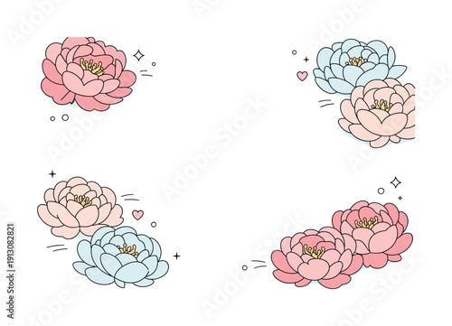 Peony Floral Flat Lay. Peony flowers flat lay. Soft peony blossoms arranged from a top-down view, gently overlapping with generous white space between them.