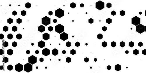 Hexagon halftone gradient texture. Abstract black and white spotted grunge background. Geometric retro tech wallpaper. Fading wavy hexagonal pattern backdrop. Vector vanishing honeycomb grunge overlay