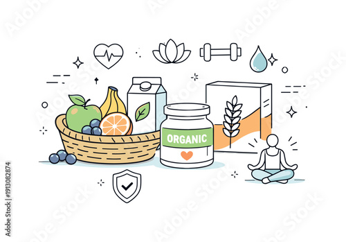 Health-driven food choices. Organic fruits and packaged goods arranged neatly, with icons representing health and wellness. Calm consumer