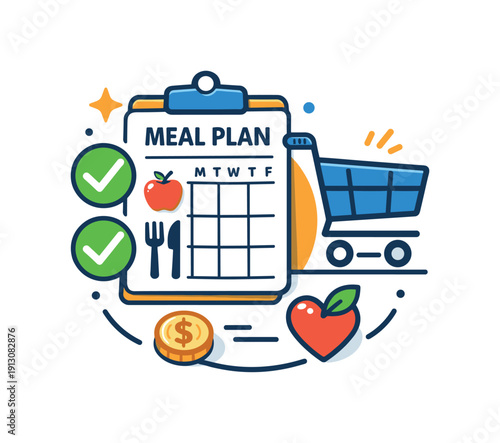 Planning meals and grocery shopping for the week a symbolic badge-style scene combining a meal planner, cart icon and checkmarks,