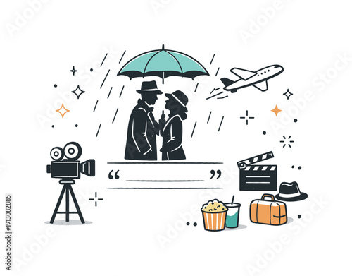 Classic cinema tribute. A chalkboard or notebook featuring an iconic movie moment symbolized by a short, unreadable quote line and