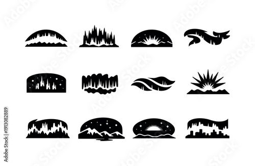 Northern lights sky. Solid icon set of Northern lights sky: aurora sky arc, dancing lights sky, polar night glow, aurora ribbons, night sky