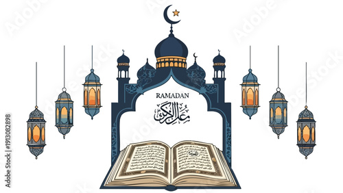 Illustration of an open book with a mosque arch and lanterns on a white background, conveying a Ramadan theme with Arabic calligraphy and a crescent moon.