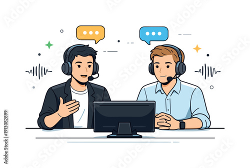 Game commentators. Two esports commentators speaking into headsets at a desk, calmly discussing the match while watching a screen. Focused