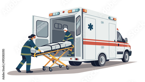 Emergency medical technicians loading patient on stretcher into ambulance  