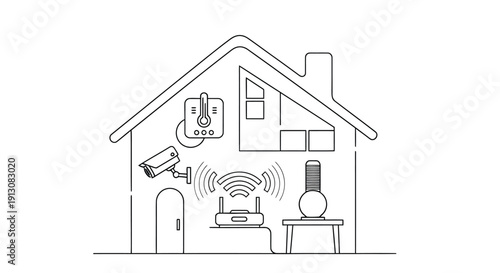 Line drawing of a smart home with security cameras and connected devices