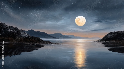 Full moon illuminates a calm coastal scene above dark mountains and tranquil water
