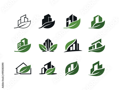Biophilic design. Icon set. Set Logo of biophilic design: leaf integrated with architectural form. harmonious logo variations of the same