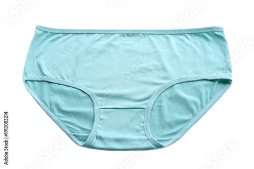 Light blue cotton women briefs isolated on white background. Comfortable everyday underwear with soft fabric and simple design, suitable for fashion, clothing, hygiene, and intimate apparel concept.