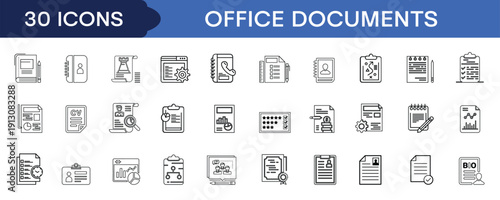 Office Documents Line Icon Set, Business Paperwork Files Resume CV Report Checklist Contract Documentation Management HR and Corporate File Outline Vector Collection