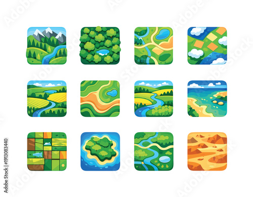   Top down landscape. Colorful flat vector icons set of Top down landscape: vertical terrain
