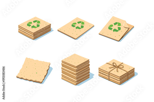 Recycled paper sheets. Isometric flat vector icons set of recycled paper sheets: stacked recycled paper, single recycled sheet, folded