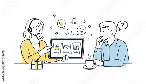 Personalized Gift Assistance. Personalized gift shopping service. A consultant helping a customer choose a gift using a tablet with preference cards and icons.