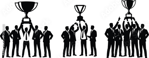 Business team holding trophy celebrating success achievement corporate winners vector illustration isolated on white background - flat vector illustration