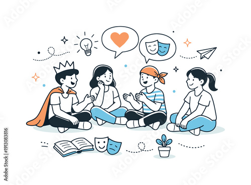 Developing skills through theater. Students reflecting on a performance, discussing ideas and emotions after acting together. The