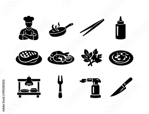 Chef-Crafted Cuisine. Solid icon set of Chef-Crafted Cuisine: professional chef, saute pan, plating tweezers, sauce bottle, gourmet steak,