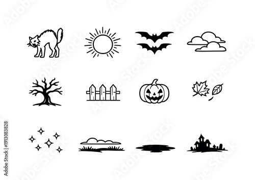   Halloween moonlit cat. Line outline icon set of Halloween moonlit cat: cat arch back, full