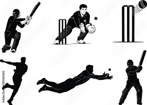 Black and white cricket player silhouettes in various batting and fielding positions on a white background