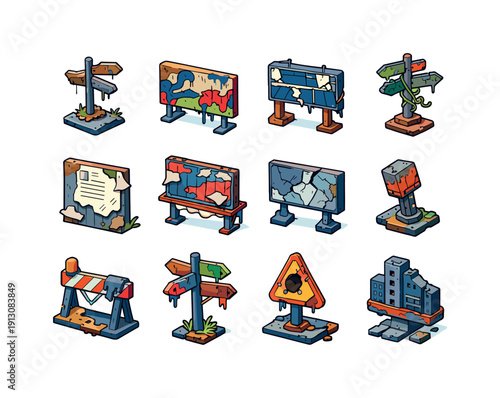Urban Decay Icons. Urban Decay. Colorful isometric vector icons set of Urban Decay: abandoned signpost, graffiti worn sign, broken city signage, neglected